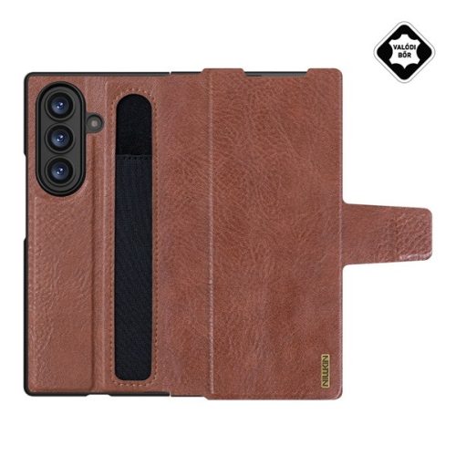 NILLKIN AOGE műanyag telefonvédő (valódi bőr hátlap, mikrofiber plüss belső, ceruza tartó) SÖTÉTBARNA