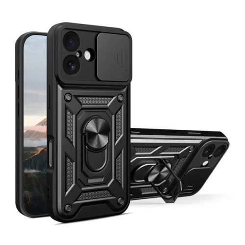 Defender szilikon telefonvédő (ütésállóság, tartógyűrű, kameravédő) FEKETE