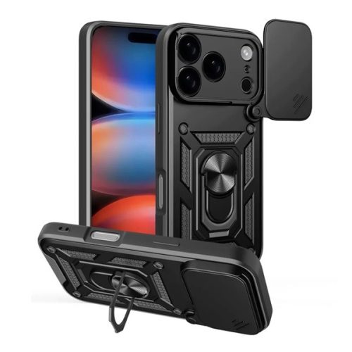 Defender szilikon telefonvédő (ütésállóság, tartógyűrű, kameravédő) FEKETE