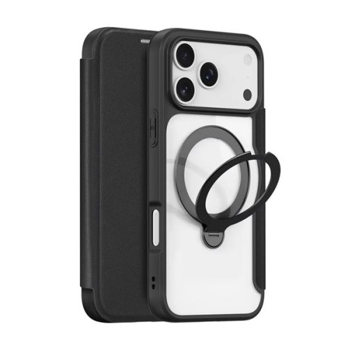 DUX DUCIS SKIN X PRO tok álló, bőr hatású (FLIP, oldalra nyíló, RFID, kitámasztó, MagSafe) FEKETE