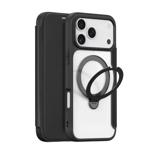 DUX DUCIS SKIN X PRO tok álló, bőr hatású (FLIP, oldalra nyíló, RFID, kitámasztó, MagSafe) FEKETE