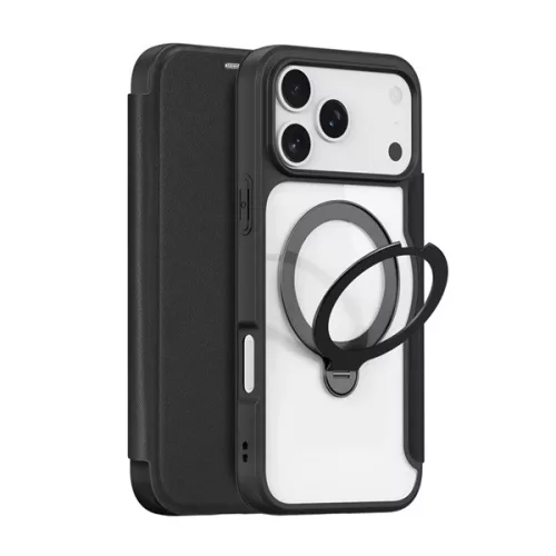 DUX DUCIS SKIN X PRO tok álló, bőr hatású (FLIP, oldalra nyíló, RFID, kitámasztó, MagSafe) FEKETE