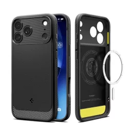   SPIGEN RUGGED ARMOR szilikon telefonvédő (ütésállóság, légpárnás sarok, karbon minta, MagSafe) FEKETE