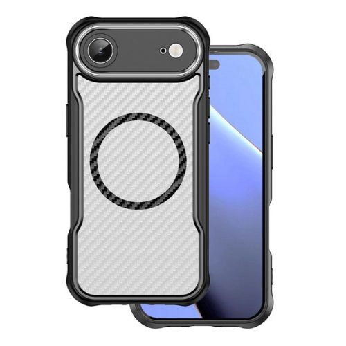 Szilikon telefonvédő (ütésállóság, légpárnás sarok, kameravédő, karbon minta, MagSafe) FEKETE