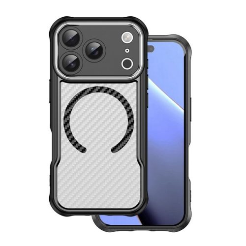 Szilikon telefonvédő (ütésállóság, légpárnás sarok, kameravédő, karbon minta, MagSafe) FEKETE