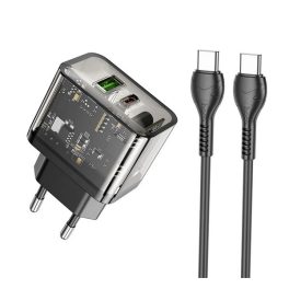   HOCO N34 hálózati töltő USB+Type-C aljzat (20W, PD gyorstöltő 3.0 + Type-C kábel) ÁTLÁTSZÓ