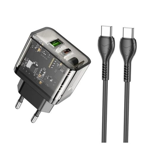 HOCO N34 hálózati töltő USB+Type-C aljzat (20W, PD gyorstöltő 3.0 + Type-C kábel) ÁTLÁTSZÓ