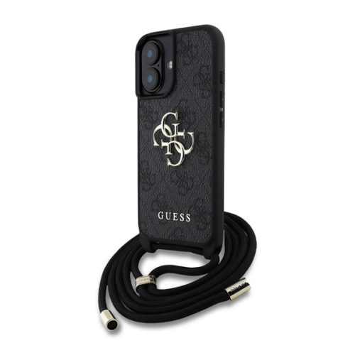 GUESS PU 4G METAL LOGO CROSSBODY STRAP műanyag telefonvédő (ütésállóság, bőr hatású hátlap + vállpánt) FEKETE