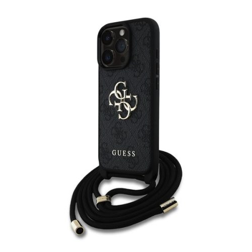 GUESS PU 4G METAL LOGO CROSSBODY STRAP műanyag telefonvédő (ütésállóság, bőr hatású hátlap + vállpánt) FEKETE