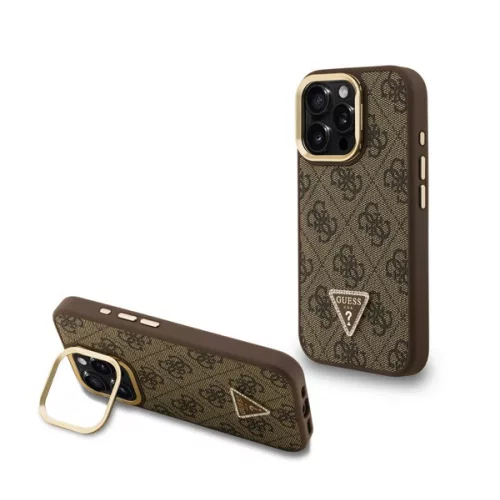 GUESS PU 4G STRASS TRIANGLE LOGO STAND műanyag telefonvédő (ütésállóság, bőr hatású hátlap, kitámasztó) BARNA