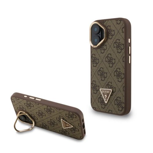 GUESS PU 4G STRASS TRIANGLE LOGO STAND műanyag telefonvédő (ütésállóság, bőr hatású hátlap, kitámasztó) BARNA