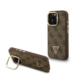   GUESS PU 4G STRASS TRIANGLE LOGO STAND műanyag telefonvédő (ütésállóság, bőr hatású hátlap, kitámasztó) BARNA