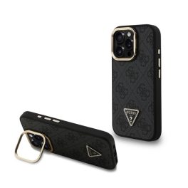   GUESS PU 4G STRASS TRIANGLE LOGO STAND műanyag telefonvédő (ütésállóság, bőr hatású hátlap, kitámasztó) FEKETE