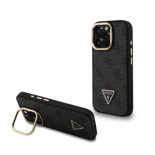 GUESS PU 4G STRASS TRIANGLE LOGO STAND műanyag telefonvédő (ütésállóság, bőr hatású hátlap, kitámasztó) FEKETE