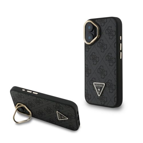 GUESS PU 4G STRASS TRIANGLE LOGO STAND műanyag telefonvédő (ütésállóság, bőr hatású hátlap, kitámasztó) FEKETE