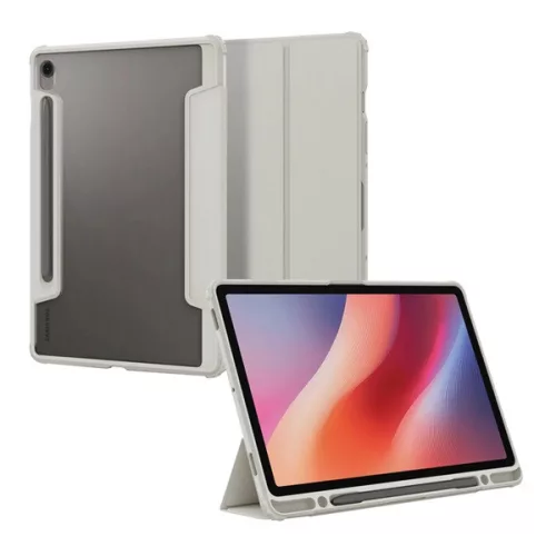 SPIGEN ULTRA HYBRID PRO tok álló, bőr hatású (FLIP, oldalra nyíló, TRIFOLD, asztali tartó, ceruza tartó) VILÁGOSSZÜRKE