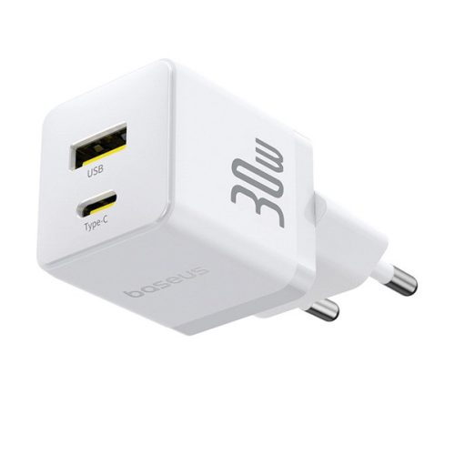BASEUS PALM hálózati töltő USB+Type-C aljzat (30W, PD gyorstöltő 3.0) FEHÉR