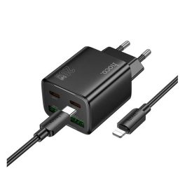   HOCO N55 hálózati töltő 2 USB+2 Type-C aljzat (20W, GaN, PD gyorstöltő 3.0 + lightning kábel) FEKETE