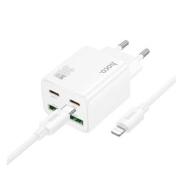   HOCO N56 hálózati töltő 2 USB+2 Type-C aljzat (30W, GaN, PD gyorstöltő 3.0 + lightning kábel) FEHÉR