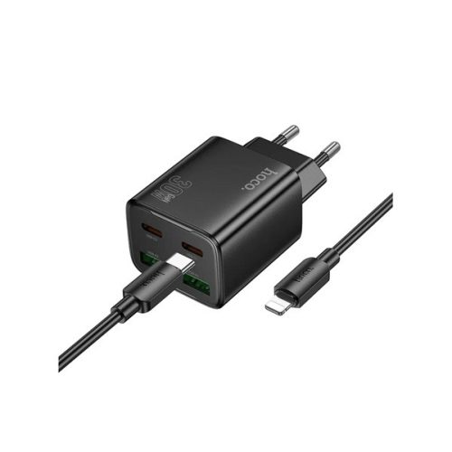 HOCO N56 hálózati töltő 2 USB+2 Type-C aljzat (30W, GaN, PD gyorstöltő 3.0 + lightning kábel) FEKETE