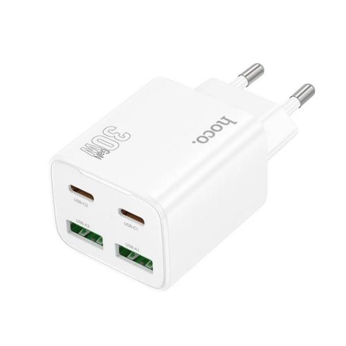 HOCO N56 hálózati töltő 2 USB+2 Type-C aljzat (30W, GaN, PD gyorstöltő 3.0) FEHÉR
