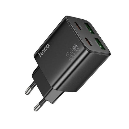 HOCO N56 hálózati töltő 2 USB+2 Type-C aljzat (30W, GaN, PD gyorstöltő 3.0) FEKETE