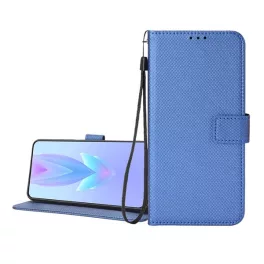   Tok álló, bőr hatású (FLIP, oldalra nyíló, asztali tartó, rombusz + kézpánt) SÖTÉTKÉK