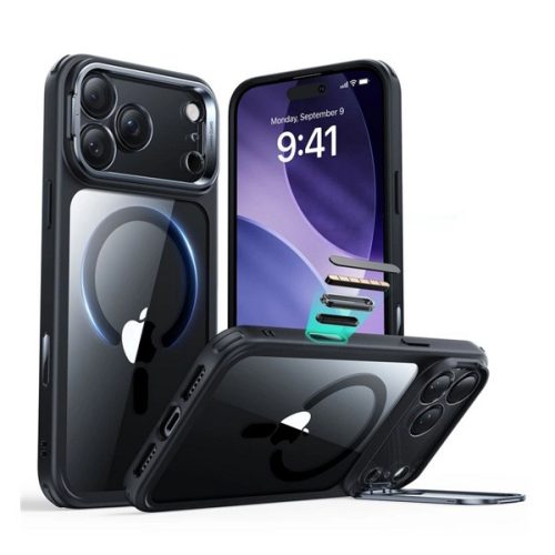 ESR CLASSIC HYBRID szilikon telefonvédő (ütésállóság, légpárnás sarok, kitámasztó, MagSafe) FEKETE