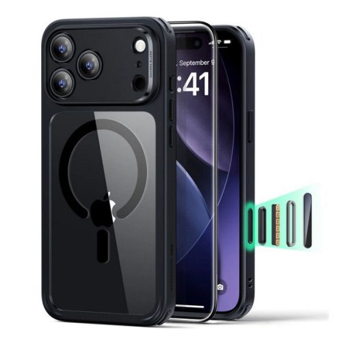 ESR CLASSIC HYBRID szilikon telefonvédő (ütésállóság, légpárnás sarok, MagSafe + képernyővédő üveg) ÁTLÁTSZÓ/FEKETE