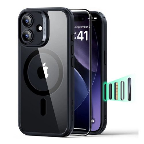 ESR CLASSIC HYBRID szilikon telefonvédő (ütésállóság, légpárnás sarok, MagSafe + képernyővédő üveg) FEKETE