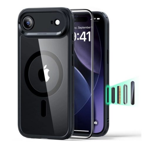 ESR CLASSIC HYBRID szilikon telefonvédő (ütésállóság, légpárnás sarok, MagSafe + képernyővédő üveg) FEKETE