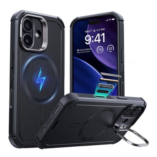 ESR CYBER szilikon telefonvédő (ütésállóság, légpárnás sarok, kitámasztó, MagSafe) FEKETE