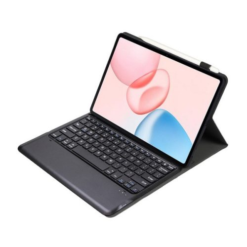 Tok álló, bőr hatású (FLIP, bluetooth billentyűzet, asztali tartó, QWERTY, angol nyelvű) FEKETE