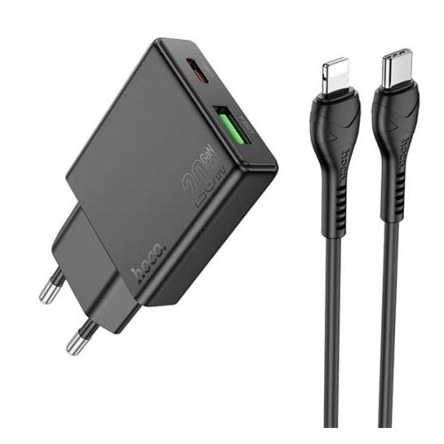 HOCO N38 hálózati töltő USB+Type-C aljzat (20W, PD gyorstöltő 3.0, vékony + lightning kábel) FEKETE