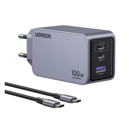 UGREEN NEXODE PRO X757 hálózati töltő USB+3 Type-C aljzat (100W, GaN, PD gyorstöltő + Type-C kábel) SÖTÉTSZÜRKE