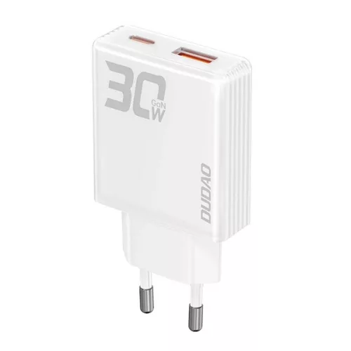 DUDAO hálózati töltő USB+Type-C aljzat (30W, PD gyorstöltő 3.0, GaN) FEHÉR
