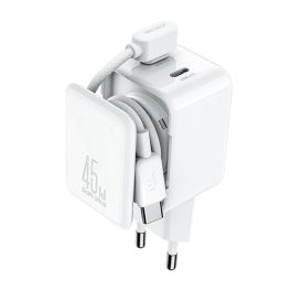   JOYROOM JR-TCL05 hálózati töltő 2 Type-C aljzat (45W, GaN, gyorstöltő, kábelrendező + Type-C kábel) FEHÉR