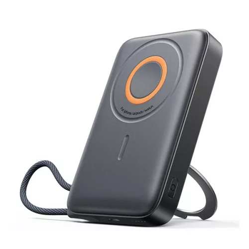 JOYROOM vésztöltő Type-C aljzat (10000mAh, 22.5W, gyorstöltő, LED jelzés, kitámasztó + fix Type-C kábel) FEKETE