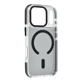   Szilikon telefonvédő (ütésállóság, légpárnás sarok, karbon minta, wireless, MagSafe) FEKETE