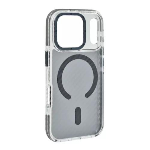 Szilikon telefonvédő (ütésállóság, légpárnás sarok, karbon minta, wireless, MagSafe) SÖTÉTSZÜRKE