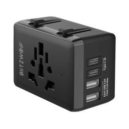   BLITZWOLF BW-TA1 utazó töltő 2 USB+2 Type-C aljzat (20W, GaN, PD gyorstöltés, EU, UK, US, AU) FEKETE