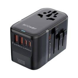   BLITZWOLF BW-TA2 utazó töltő 2 USB+3 Type-C aljzat (100W, GaN, PD gyorstöltés, EU, UK, US, AU) FEKETE