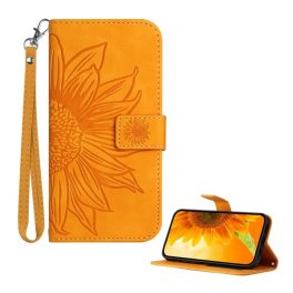   Tok álló, bőr hatású (FLIP, oldalra nyíló, asztali tartó, bankkártya tartó + kézpánt, napraforgó minta) NARANCSSÁRGA