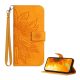 Tok álló, bőr hatású (FLIP, oldalra nyíló, asztali tartó, bankkártya tartó + kézpánt, napraforgó minta) NARANCSSÁRGA