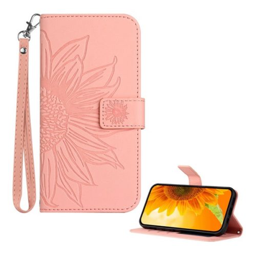 Tok álló, bőr hatású (FLIP, oldalra nyíló, asztali tartó, bankkártya tartó + kézpánt, napraforgó minta) RÓZSASZÍN