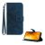 Tok álló, bőr hatású (FLIP, oldalra nyíló, asztali tartó, bankkártya tartó + kézpánt, napraforgó minta) SÖTÉTKÉK