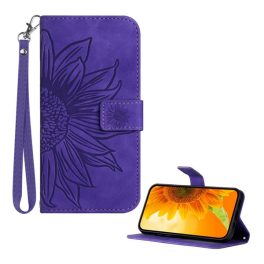   Tok álló, bőr hatású (FLIP, oldalra nyíló, asztali tartó, bankkártya tartó + kézpánt, napraforgó minta) SÖTÉTLILA