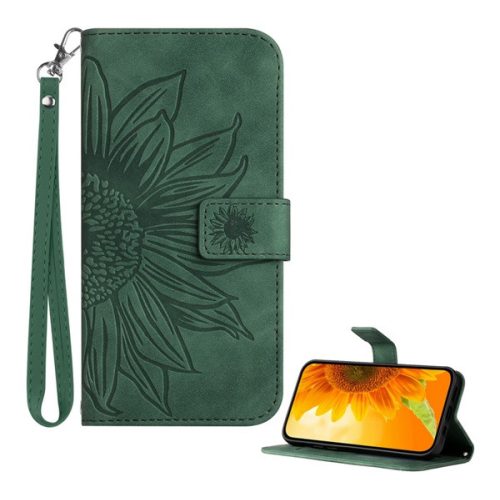 Tok álló, bőr hatású (FLIP, oldalra nyíló, asztali tartó, bankkártya tartó + kézpánt, napraforgó minta) SÖTÉTZÖLD