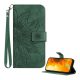 Tok álló, bőr hatású (FLIP, oldalra nyíló, asztali tartó, bankkártya tartó + kézpánt, napraforgó minta) SÖTÉTZÖLD