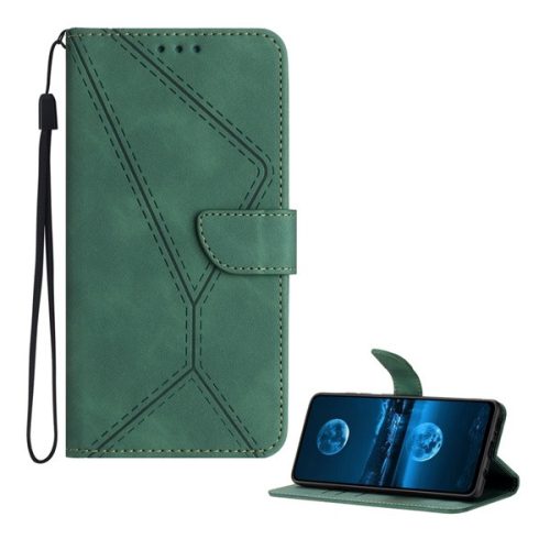 Tok álló, bőr hatású (FLIP, oldalra nyíló, asztali tartó, bankkártya tartó, varrás minta + kézpánt) SÖTÉTZÖLD